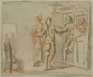 Ilustracja literacka: Dwóch mężczyzn i kobieta we wnętrzu autorstwa Jacob Wilhelm Mechau