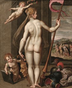 Minerva trzymająca lancę w wieńcu laurowym putto (olej na płótnie) autorstwa Jacob de (studio of) Backer