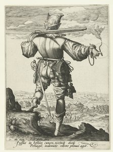 Muszkieter (harquebusier?) w hełmie Oficerowie i żołnierze (tytuł serii) autorstwa Jacob de Gheyn (II)