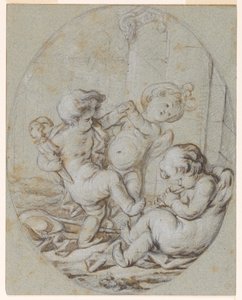 Three Putti: projekt obrazu Grisaille autorstwa Jacob de Wit