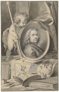 Autoportret w medalionie otoczony atrybutami malarza autorstwa Jacob de Wit