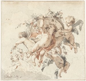 Pływający cherubin z koszem kwiatów autorstwa Jacob de Wit