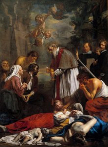Święty Macaire z Gandawy ratujący pestiferes Święty Macaire jest ormiańskim mnichem z XI wieku. Obraz Jakuba II van Oosta (1637-1713) 1673 Nd. 3,5x2,57 m² autorstwa Jacob the Younger Van Oost