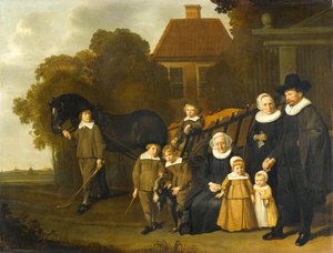 Portret grupowy rodziny Meebeeck Cruywagen przy bramie ich wiejskiego domu na Uitweg niedaleko Amsterdamu autorstwa Jacob van Loo (attributed to)