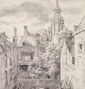 Widok na dziedziniec Domu Łuczników Cechu Św. Sebastiana przy Singel w Amsterdamie (ołówek i wash na papierze) autorstwa Jacob van Ruisdael
