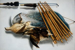 Martwa natura z dwoma przepiórkami i akcesoriami myśliwskimi autorstwa Jacobus Biltius