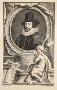 Portret Francisa Bacona, wicehrabiego St Albans, ilustracja z książki "Heads of Illustrious Persons of Great Britain", wydanej przez Knapton, Londyn 1742. autorstwa Jacobus Houbraken