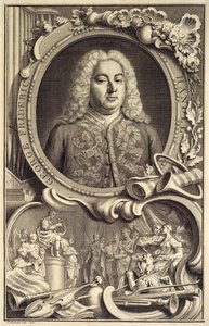 Portret G.F. Handel, z napisem „Izrael w Egipcie”, wydany w Londynie autorstwa Jacobus Houbraken