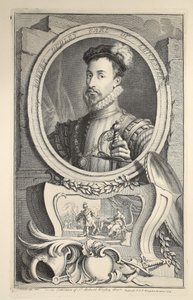 Portret Roberta Dudleya, hrabiego Leicester, ilustracja z „Heads of Illustrious Persons of Great Britain”, wyd. autor: Knapton, Londyn 1742 autorstwa Jacobus Houbraken