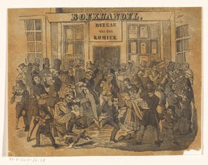 Tłum przed księgarnią po De Komiek autorstwa Jacobus Wilhelmus Adrianus Hilverdink (possibly)