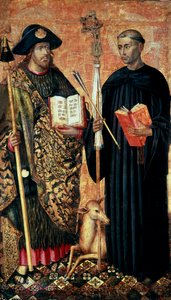 Św. Jakub z Composteli reprezentowany w pelerinie z laską, kapeluszem i muszlą. i pustelnik św Gilles (VII w.), ok.1450 (tempera i olej na desce) autorstwa Jacomart (c.1413 61) Baco