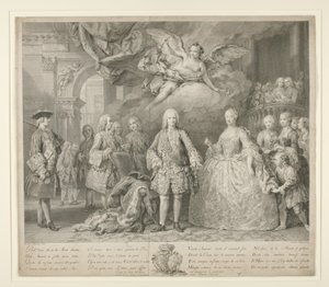 Ferdynand VI i jego królowa Maria Barbara z Braganzy ze Scarlattim i słynnym włoskim kastratem Farinellim autorstwa Jacopo (after) Amigoni
