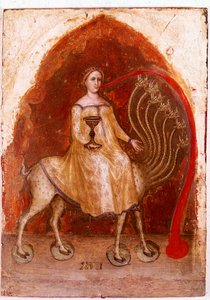 Lewy panel Poliptyku Apokalipsy: bete ma siedem głów i siedząca na nim Kobieta, bogata prostytutka. Detrempe on wood autorstwa Jacobello Alberegno (ok. 1367-1397) 1360-1390. Gallerie dell