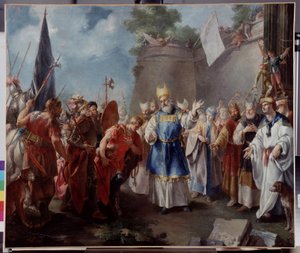 Cesarz Aleksander składa hołd arcykapłanowi Jaddusowi. Obraz przypisywany Jacopo Amigoniemu (lub Giacomo Amiconi