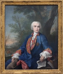 Kastrat sopranowy Carlo Broschi, zwany Farinelli (1705-1782). Śpiewak nosi medal Orderu Calatrava, na partyturze trzyma w ręku niektóre takty z opery Zenobia Gaetano Latilia. Obraz Jacopo Amigoniego (1682-1752), olej na