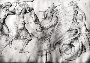 د جنګیالیو او ډریګون تر منځ جګړه، c.1450 (په ویلم کې رنګ) پولی autorstwa Jacopo Bellini