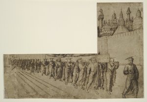Pogrzeb Dziewicy (brązowy tusz na czarnej kredzie na kremowym antycznym papierze wykładanym) autorstwa Jacopo Bellini