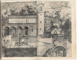 Widok kwadrantu: Drzwi Główne, Plac, Kościół i Loggia Klasztoru Monte della Vernia. autorstwa Jacopo Ligozzi