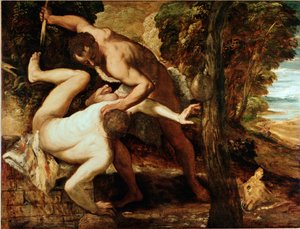 Kain zabija Abla Malarstwo Jacopo Robustiego dit il Tintoretto (Tintoret) (1518-1594) 1550-1553 Nd. 149x196 cm Galeria Akademii, Wenecja autorstwa Jacopo Robusti Tintoretto