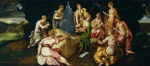 Konkurs Muz i Pierides, Jacopo Robusti znany jako Tintoretto (1519-1594), olej na desce, 46x91 cm