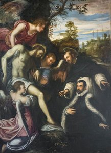 Martwy Chrystus podtrzymywany przez trzy anioły, św. Dominika i darczyńcę autorstwa Jacopo Robusti Tintoretto