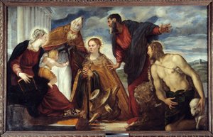 Dziewica z Dzieciątkiem ze św. Katarzyną, św. Augustynem, św. 1,93x3,14 m Lyon, Musee des Beaux Arts autorstwa Jacopo Robusti Tintoretto