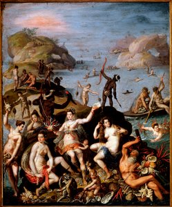 Połów koralowców Alegoryczne przedstawienie odkrycia Nowego Świata. Nimfy wodne i indyjskie z bogactwem morza, koralem, muszlami perłowymi. Obraz Jacopo Zucchi (1551-1589) ok. 1585 r. Ciemny. 55 x 45 cm Rzym, galeria Borghese