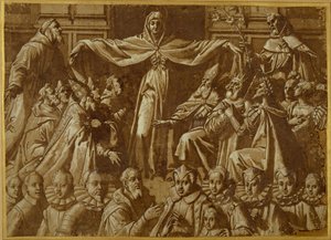 Madonna della Misericordia ze św. Franciszek i Dominik, z innymi świętymi i władcami oraz rodziną darczyńców (pióro i brązowy tusz z plamą i białym kolorem ciała na papierze) autorstwa Jacopo Zucchi