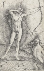 Apollo z łukiem i strzałą na kuli ziemskiej i Diana z jeleniem, 1503-5 autorstwa Jacopo de Barbari