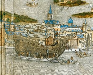 Budowa galery w weneckiej stoczni, z Peregrinatio in Terram Sanctam, wydrukowanego po raz pierwszy po łacinie w 1486 roku... (drzeworyt) autorstwa Jacopo de
