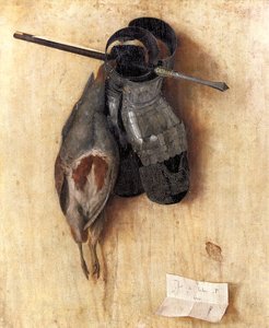 Niemiecki: Martwa kuropatwa z żelaznymi rękawicami i bełtami z kuszy Martwa natura z kuropatwą i żelaznymi rękawicami autorstwa Jacopo de