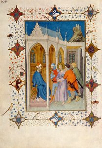 MS 11060-11061 Godziny Krzyża: Prime, Chrystus przed Piłatem, z „Tres Riches Heures du Duc de Berry” autorstwa Jacquemart de Hesdin