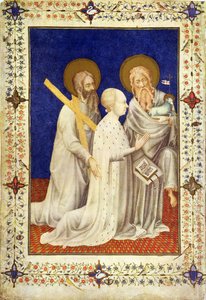 MS 11060-11061 Jan, książę de Berry na kolanach między św. Andrzejem i św. Janem, francuski, z „Tres Riches Heures du Duc de Berry”