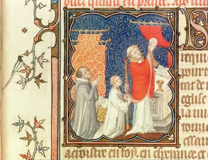 Pani Lat 18014 Jean de France (1340-1416) Książę Berry modlący się przed podniesieniem Hostii, z Les Petites Heures de Duc de Berry, c.1385-90