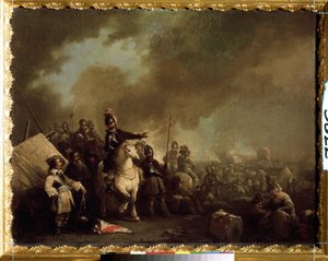 "Obóz wojskowy podczas oblężenia" (Obóz wojskowy podczas oblężenia) Obraz Jacques Courtois dit le Bourguignon (1621-1676) XVII-wieczny Państwowy Skansen Carskie Sioło, Sankt Petersburg