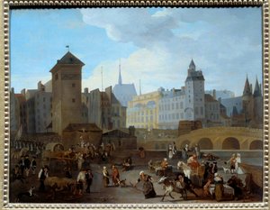 Rewolucja Francuska: „”Widok na most i pompę Notre-Dame w Paryżu”” Pompa zasilała kilka paryskich fontann, sceny z życia codziennego, kupców, sanitariuszy niosących rannych, uciekających żołnierzy. Obraz Jacques Albert Senave (1755-1 autorstwa Jacques Albert Senave
