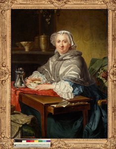 Madame Brion, siedząca, pijąca herbatę