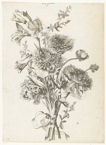 Bukiet Zawilców Bukiet z zawilcami, piwonią, kwiatami łodyg i mieczyk Diverse Fleurs mises en Boucquets (tytuł serii) autorstwa Jacques Bailly (I)