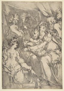 Święta Rodzina ze św. Katarzyną, św. Janem Ewangelistą i Aniołem, 1612-16. autorstwa Jacques Bellange
