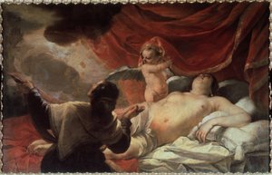 „Danae” Zeus przedstawia się Danae, aby ją uwieść w postaci deszczu złotych monet. Obraz Jacquesa Blancharda (1600-1638) XVII-wieczne Państwowe Muzeum na wolnym powietrzu Carskie Sioło, Sankt Petersburg, Rosja