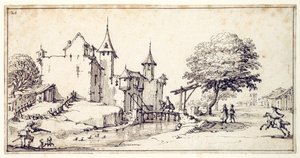 Zamek z mostem zwodzonym (pióro i brązowy tusz na papierze) autorstwa Jacques Callot