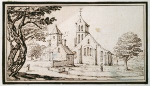Kościół w Lotaryngii i sąsiedni budynek (pióro i brązowy tusz na papierze) autorstwa Jacques Callot