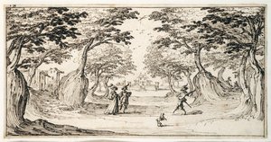 Wspaniała dama i dżentelmen tańczący w lesie przy lutni, zamek w oddali (pióro i brązowy atrament na papierze) autorstwa Jacques Callot