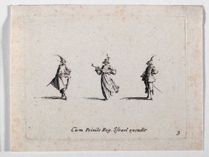 Dama muzykująca i dwóch kawalerzystów, z ... (rycina) autorstwa Jacques Callot