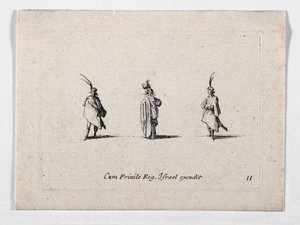 Dama w długim płaszczu i dwóch kawalerzystów, z ... (rycina) autorstwa Jacques Callot