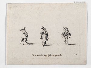 Dama w kapeluszu z pióropuszem i dwóch kawalerzystów z ... (rycina) autorstwa Jacques Callot