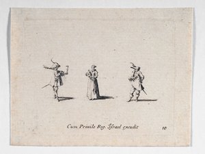 Dama z butelką wina i dwoma kawalerzystami, z ... (rycina) autorstwa Jacques Callot