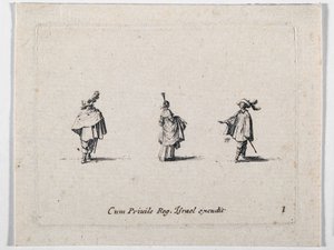Dama w rozkloszowanej spódnicy i dwóch kawalerzystów, z Les Fantaisies de Noble J. Callot ... (rycina) autorstwa Jacques Callot