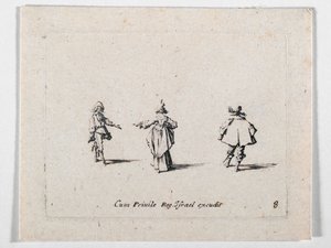 Dama z wyciągniętą ręką, widziana od tyłu, i dwóch kawalerzystów, z Les Fantaisies de Noble J. Callot ... (rycina) autorstwa Jacques Callot