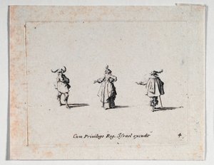 Dama z wyciągniętą ręką i dwaj kawalerzyści, z ... (rycina) autorstwa Jacques Callot